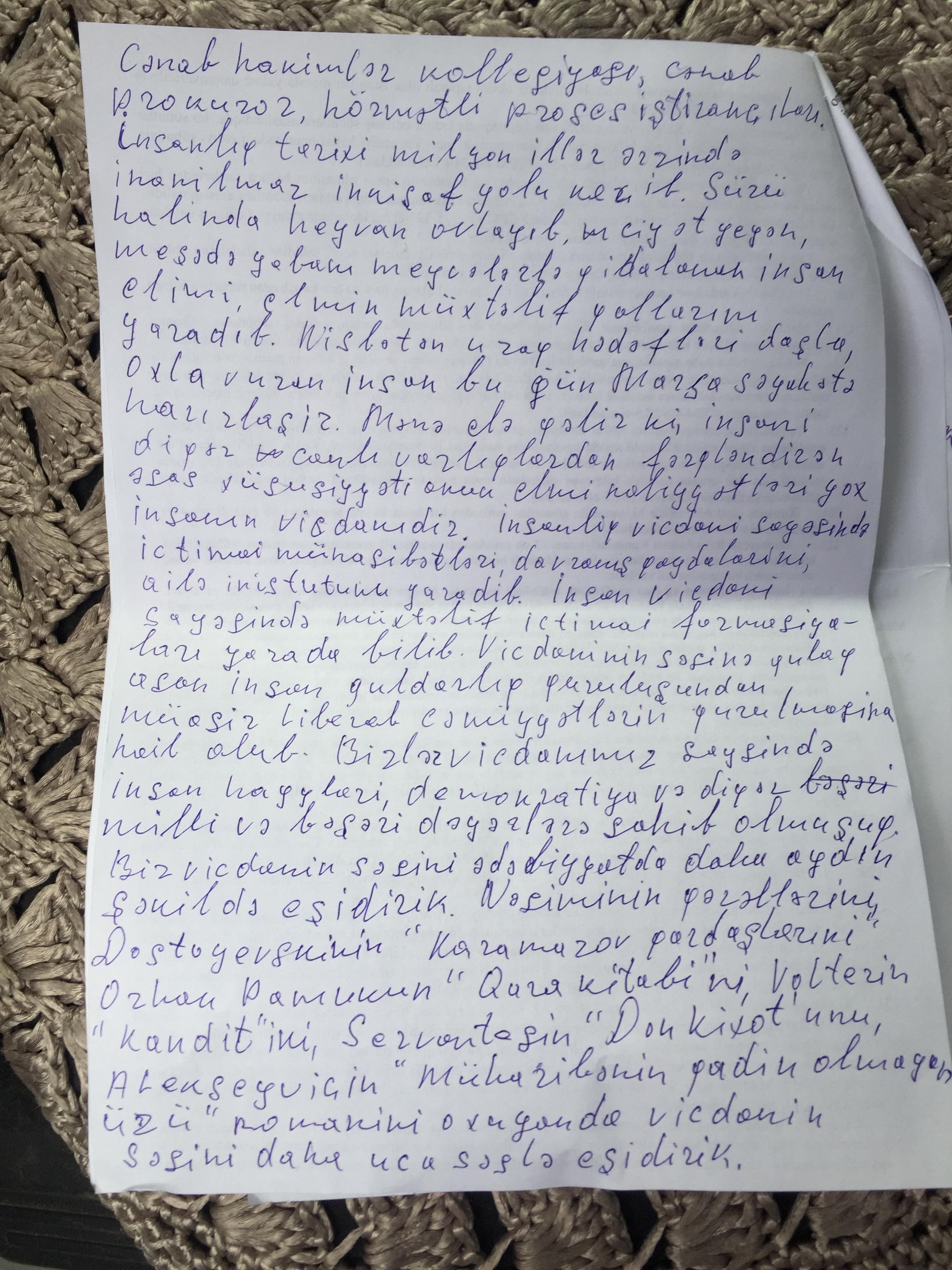 Mukhtarli's Hand-Written Letter to the Judge