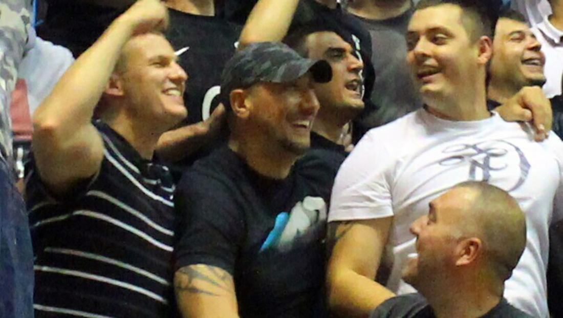 Aleksandar Stankovic ("Sale the Mute") and Nenad Vuckovic ("Vucko") cheering together at a football game. (Photo: Author unknown)