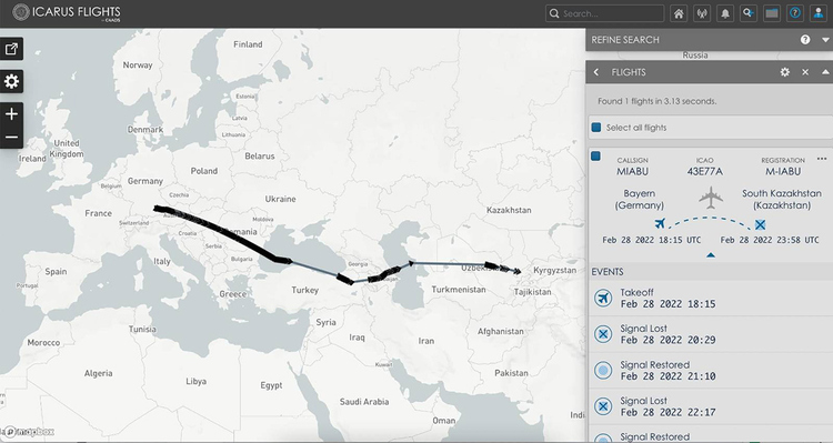 A screenshot from Icarus Flights showing a plane moving from Germany to Uzbekistan