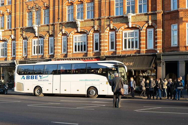 The tour bus makes a stop in the exclusive Knightsbridge neighborhood in London