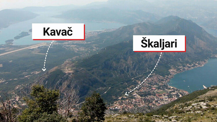 The location of the villages of Škaljari and Kavač villages in Kotor