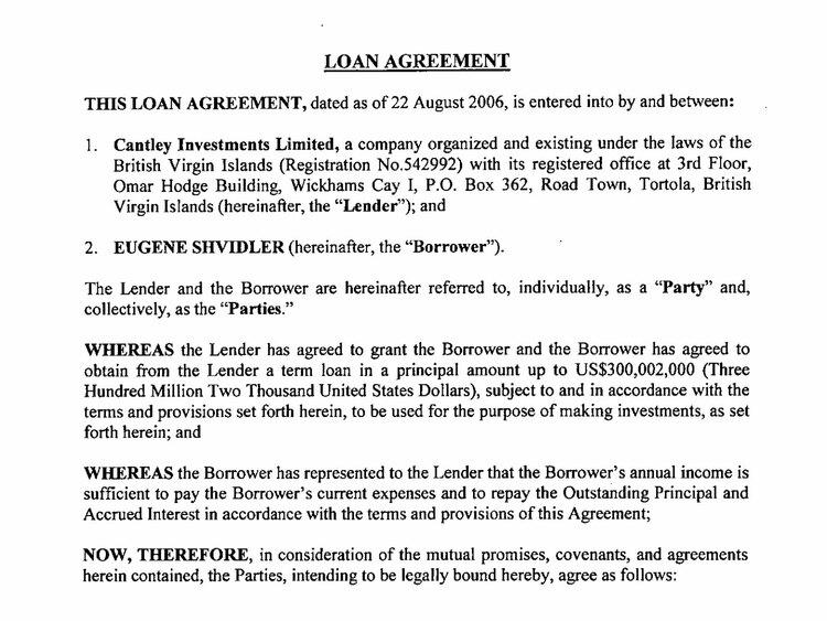 Screengrab showing the agreement to loan $3000 million