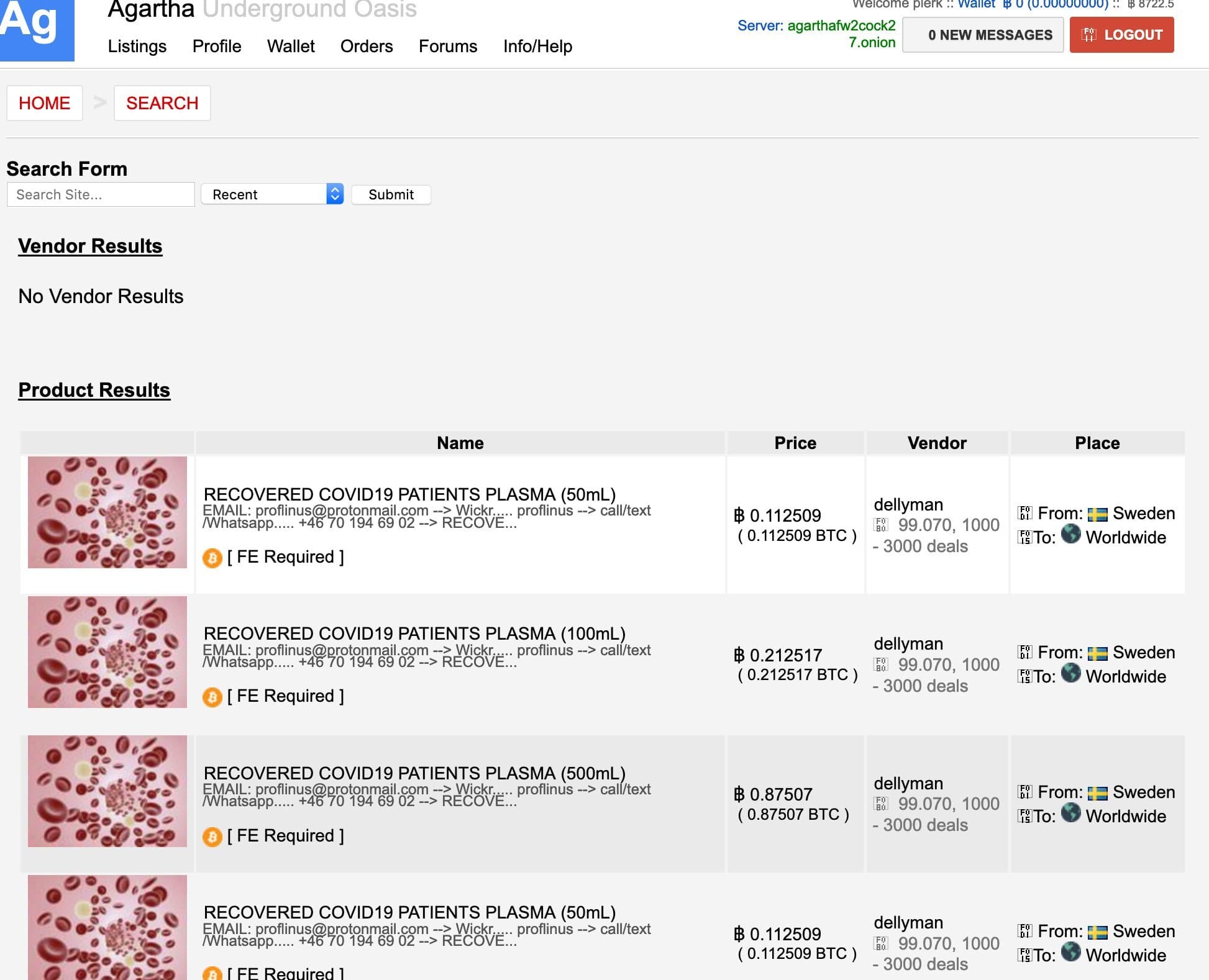 A set of listings on darknet site Agartha for blood supposedly taken from coronavirus survivors (Photo: Eileen Ormsby)