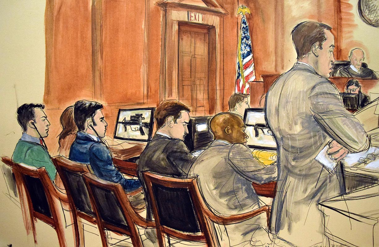 Courtroom artist Elizabeth Williams depicts (from left) Franqui Francisco Flores de Freitas in headphones, defense attorney Elizabeth A. Espinosa, Efrain Antonio Campo Flores in headphones, defense attorneys John T. Zach and Randall W. Jackson and Assistant US Attorney Emil J. Bove, standing. (Associated Press)