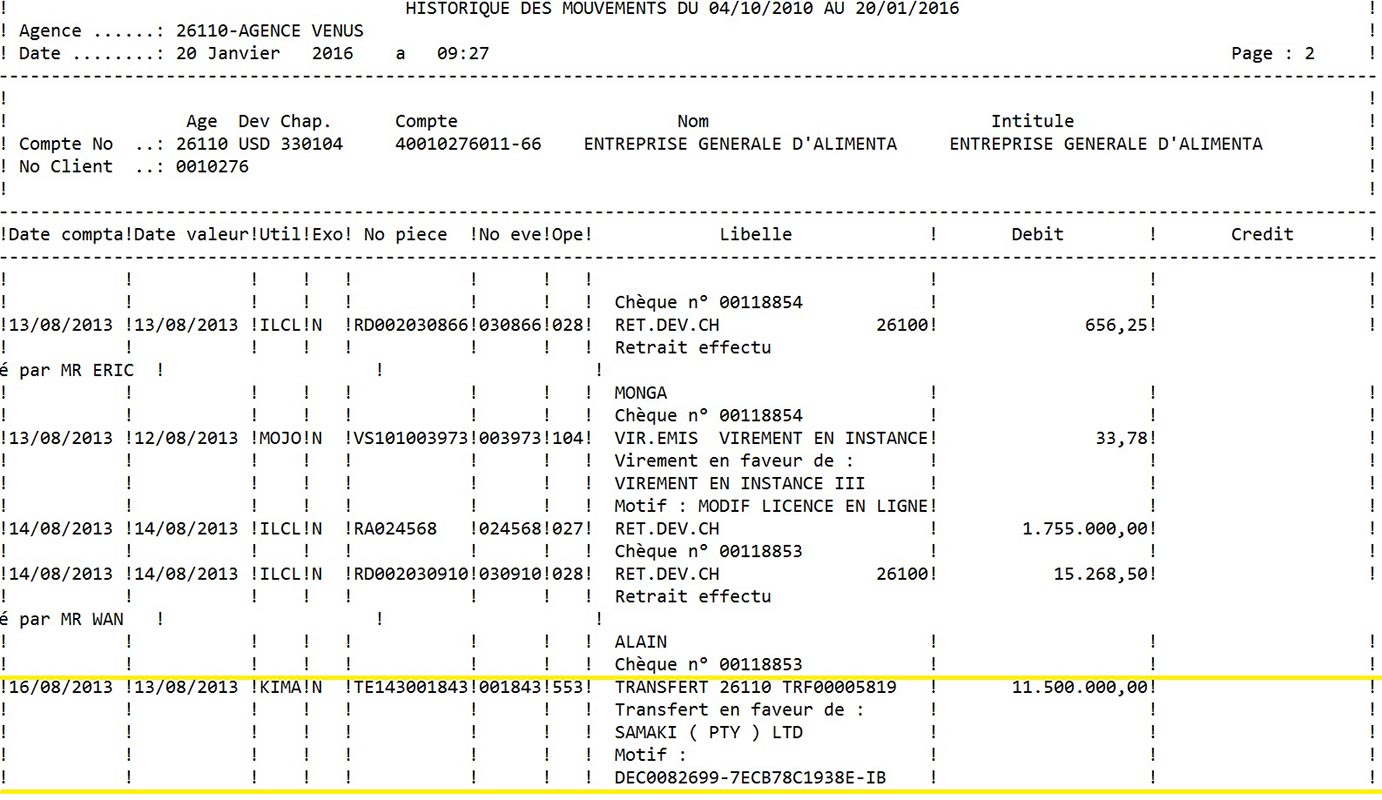 A excerpt from a transaction record shows an $11.5 million payment from EGAL to Samaki. (Click to enlarge)