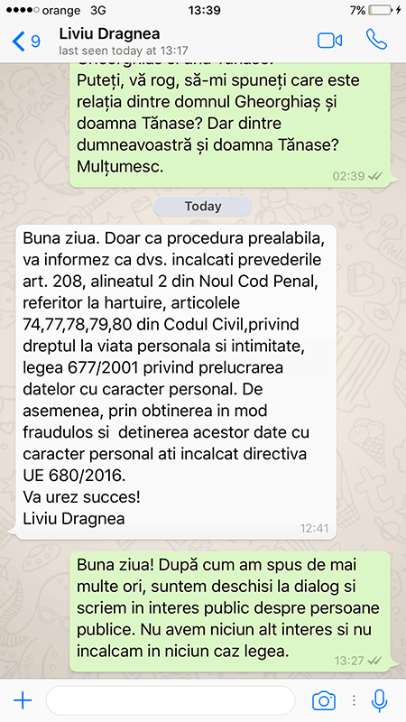 A screenshot of a WhatsApp message exchange in which Liviu Dragnea warns RISE reporters that they are breaking the law in their investigation of him (and wishes them good luck). (Photo: RISE Project)