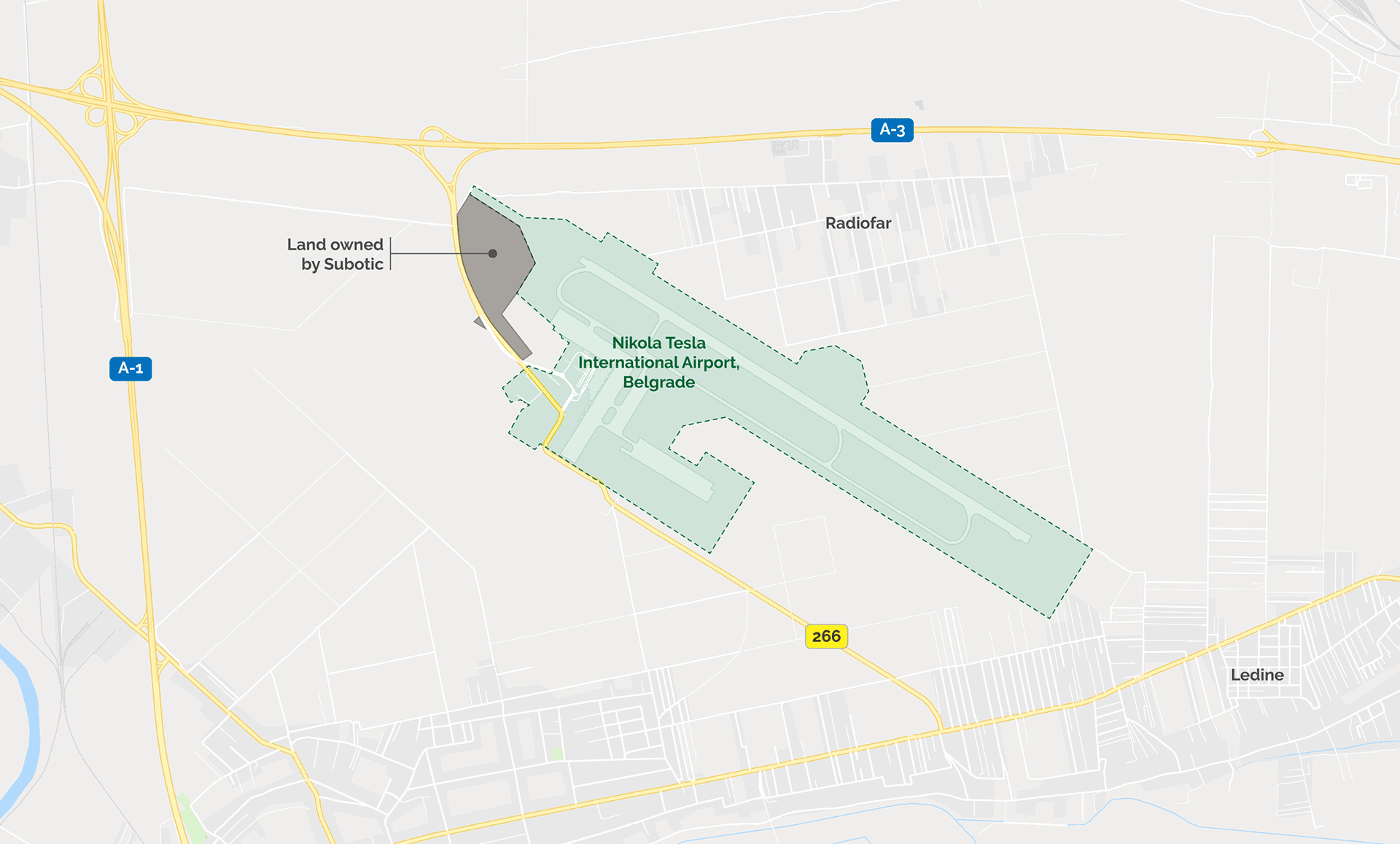 The 28 hectares of Stanko Subotic’s land slated for airport expansion. (Map: Edin Pasovic, OCCRP)