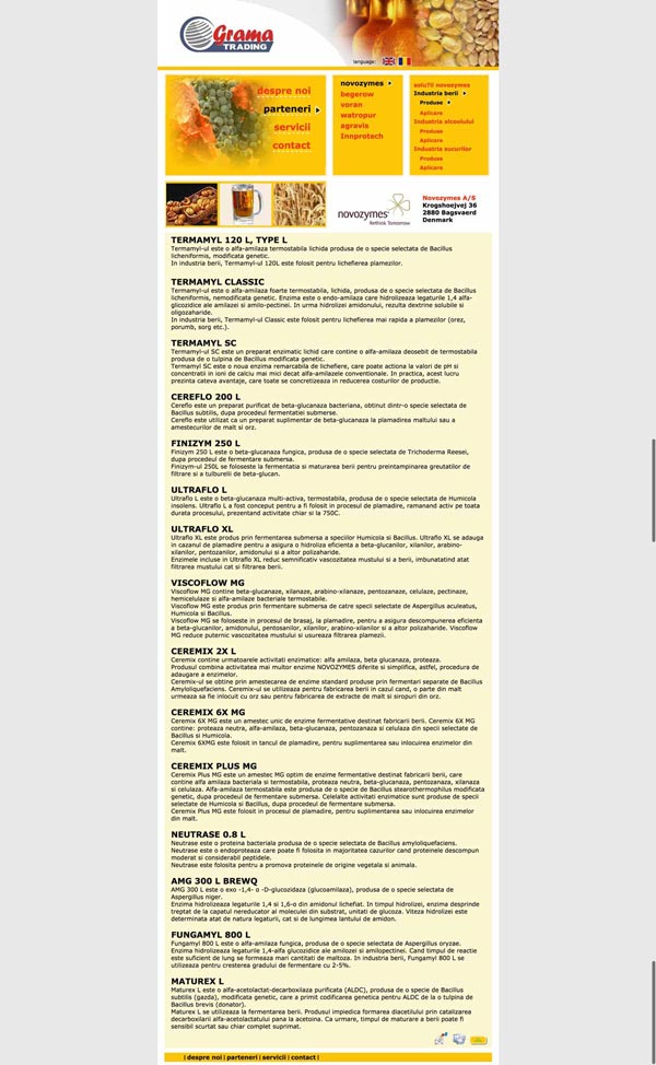 A select list of industrial enzymes produced by Novozymes and distributed by Grama Trading, a Romanian company that specializes in products for the beverage industries. Grama Trading’s website says they collaborate with all The Big Four commercial breweries: Heineken Romania, Bergenbier, Tuborg Romania and Ursus Breweries.