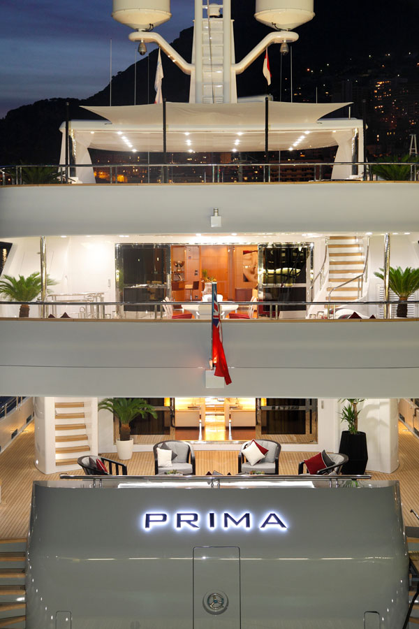 The Prima is currently docked at Porto Cervo in Sardinia