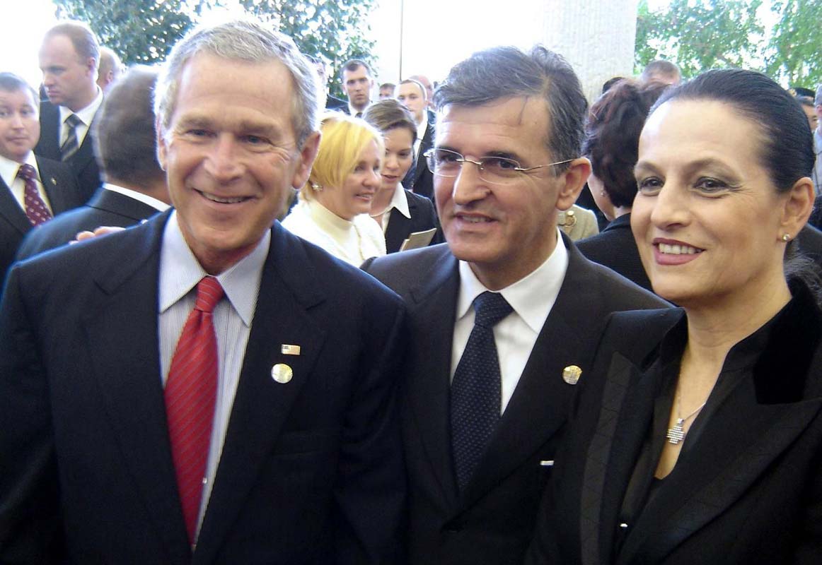 Svetozar Marovic, pictured here with his wife Djordjina and then US president George Bush, has held public office since 1990. (Photo by Dan)