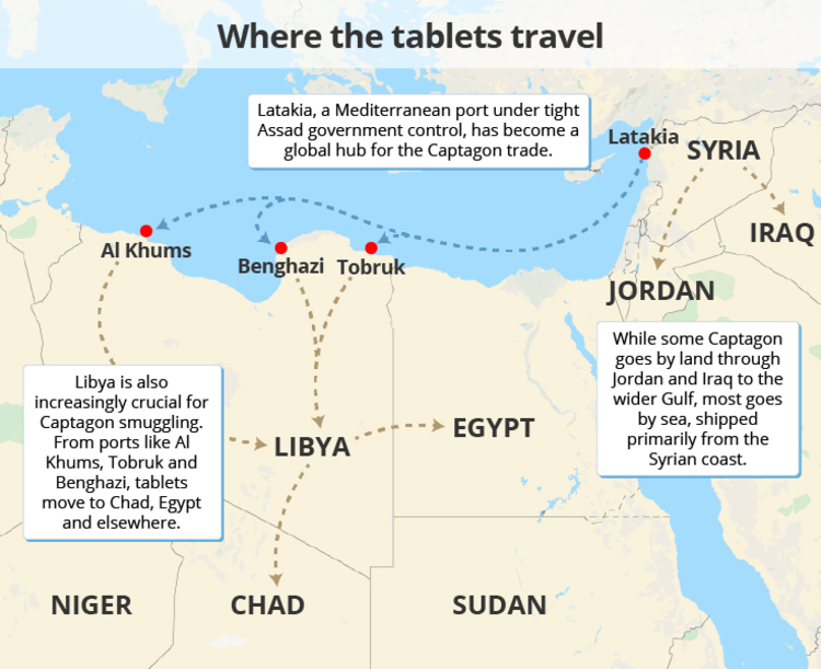 Graphic showing where the Captagon tablets travelled