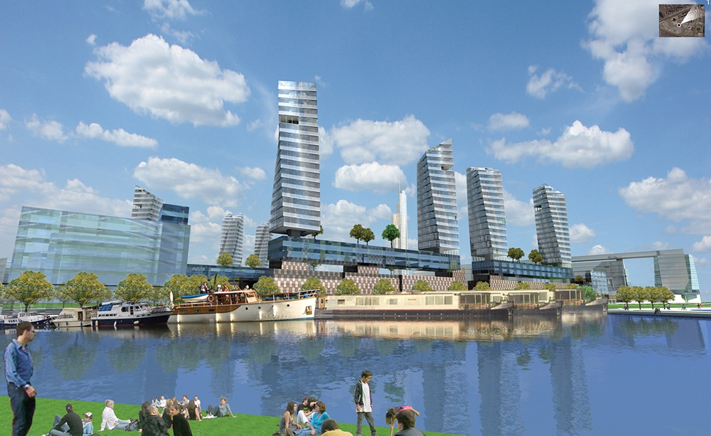 Design of Minsk Lighthouse with body of water and tall buildings.