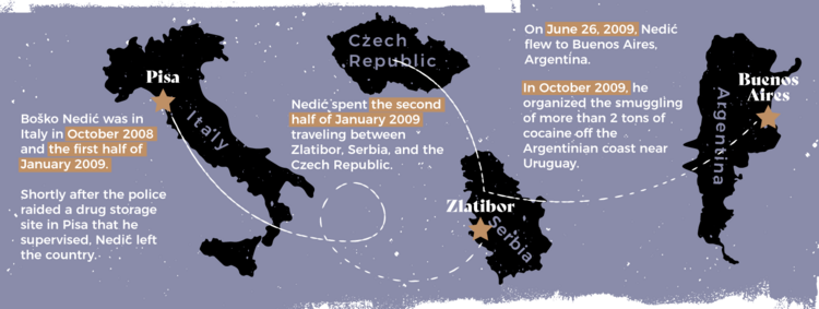 Karte mit den letzten bekannten Bewegungen von Boško Nedić