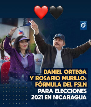 A campaign poster for President Daniel Ortega and Vice President Rosario Murillo