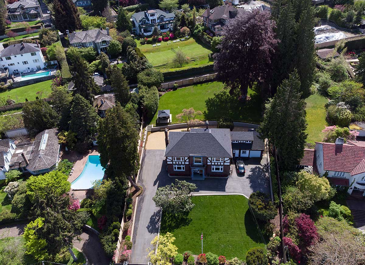 Aerial view of Tudor-style mansion in Vancouver