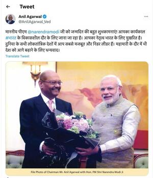 A screenshot of a tweet from Vedanta chairman Anil Agarwal