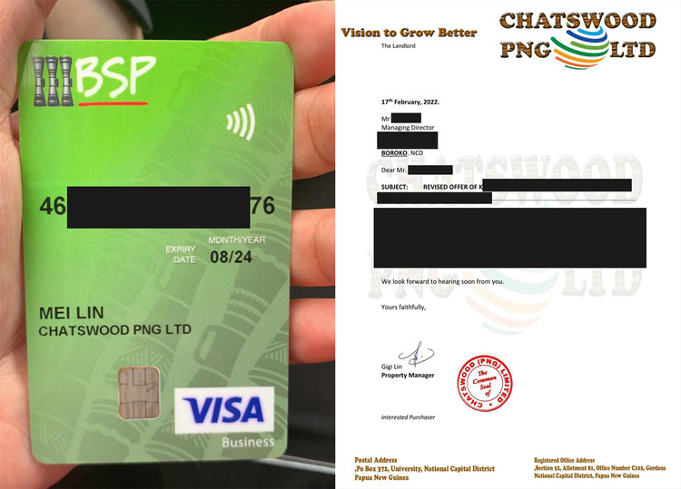 A Chatswood PNG company card and letter bearing the Chatswood PNG seal