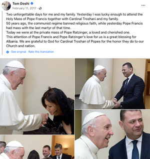 Facebook post showing Tom Doshi meeting with Pope Francis