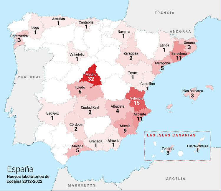 Map showing the distribution of cocaine laboratories found in Spanish municipalities