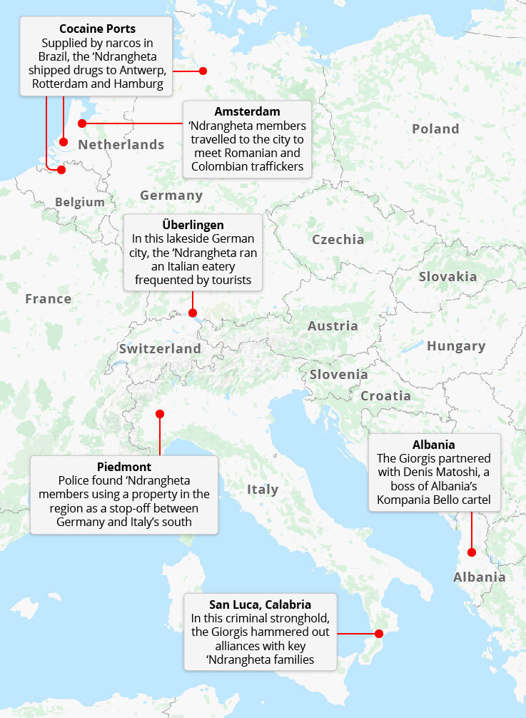Иллюстрация ключевых мест в европейской сети Гиоргиса