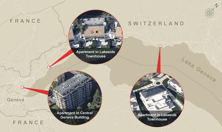 Infographic showing the locations of Timur Tokayev's properties in Geneva