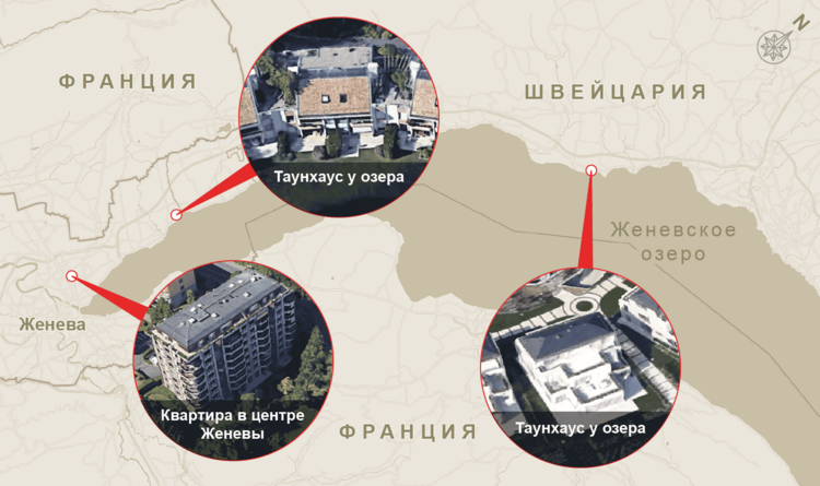 Infographic showing the locations of Timur Tokayev's properties in Geneva