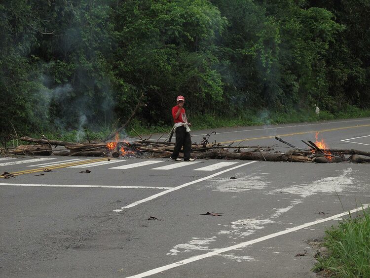 A protester stands in front of the remnants of a road blockade on fire