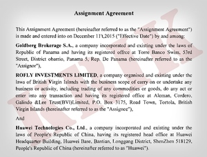 Assignment agreement between Goldberg Brokerage S.A., ROFLY INVESTMENTS LIMITED and Huawei Technologies Co., Ltd.