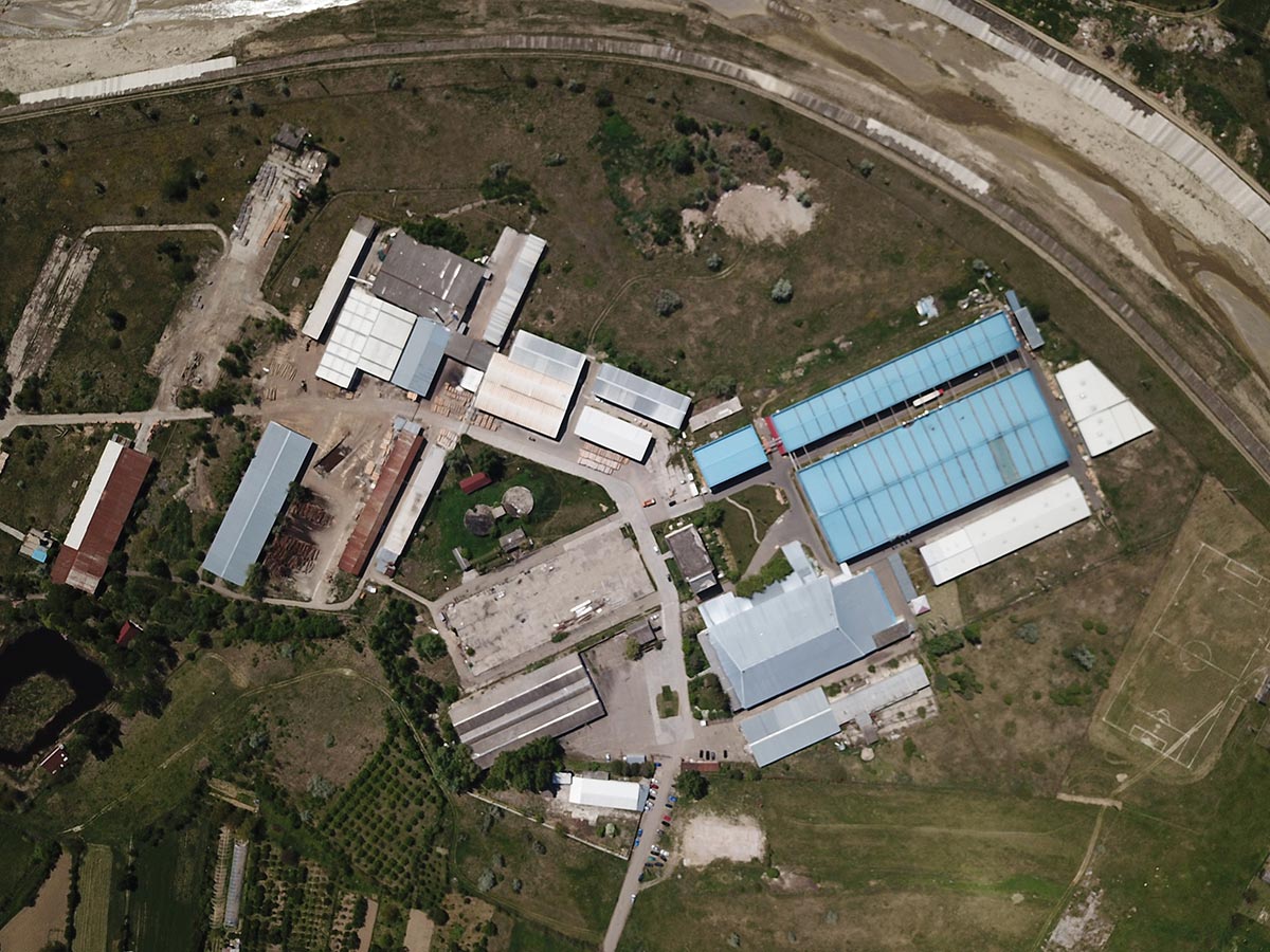 An aerial view of a factory