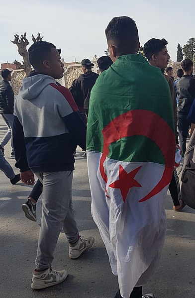 A protester, draped in his country's flag, during the 2019 protests in Algeria.