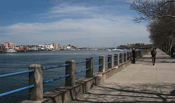 Northern esplanade of Manhattan Beach and along Sheepshead Bay in Brooklyn NY looking east