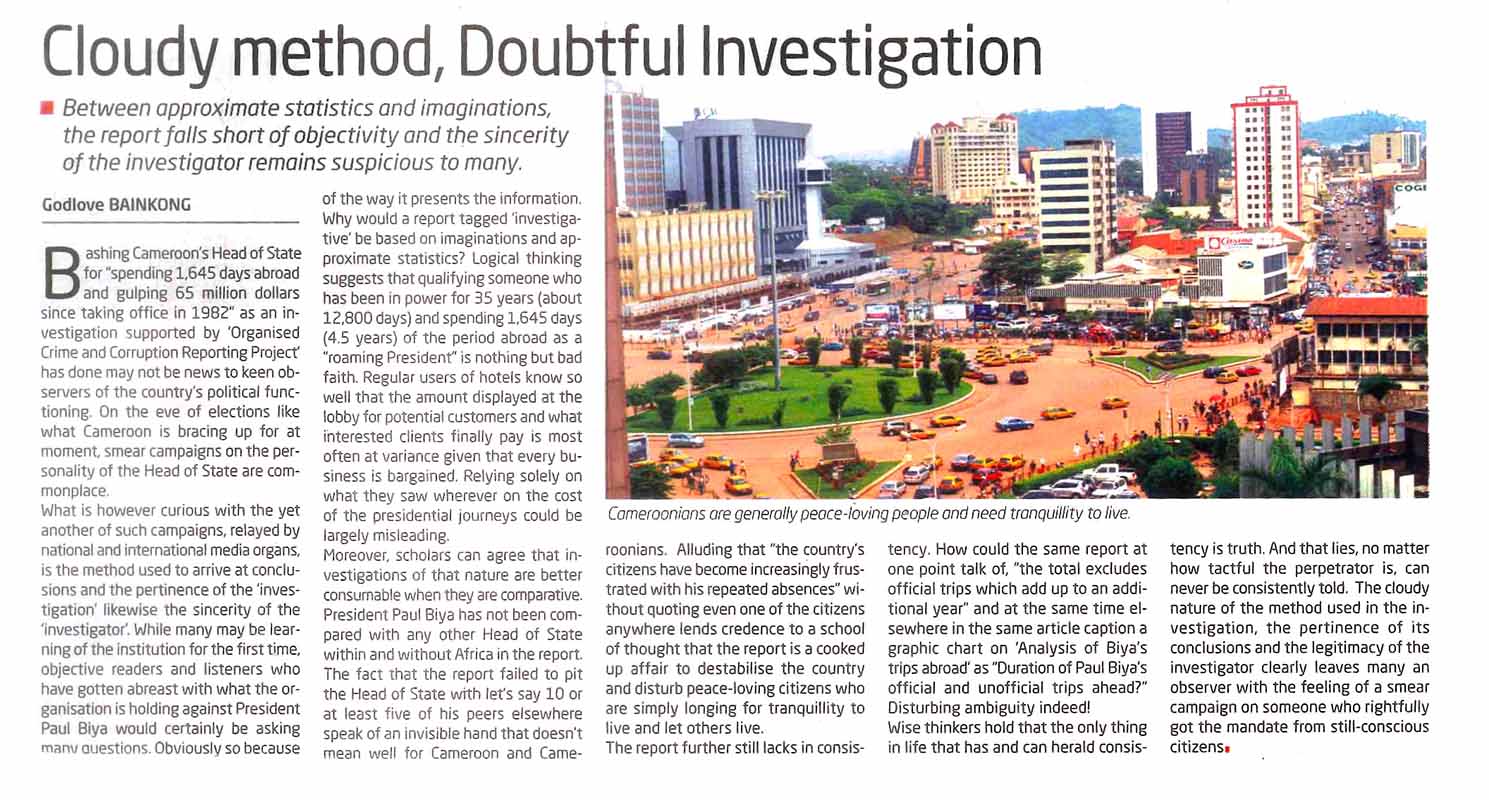 This February 2018 article by Godlove Bainkong for the Cameroon Tribune cast doubt on our investigation’s methodology — and on our motives. Scan courtesy of the authors