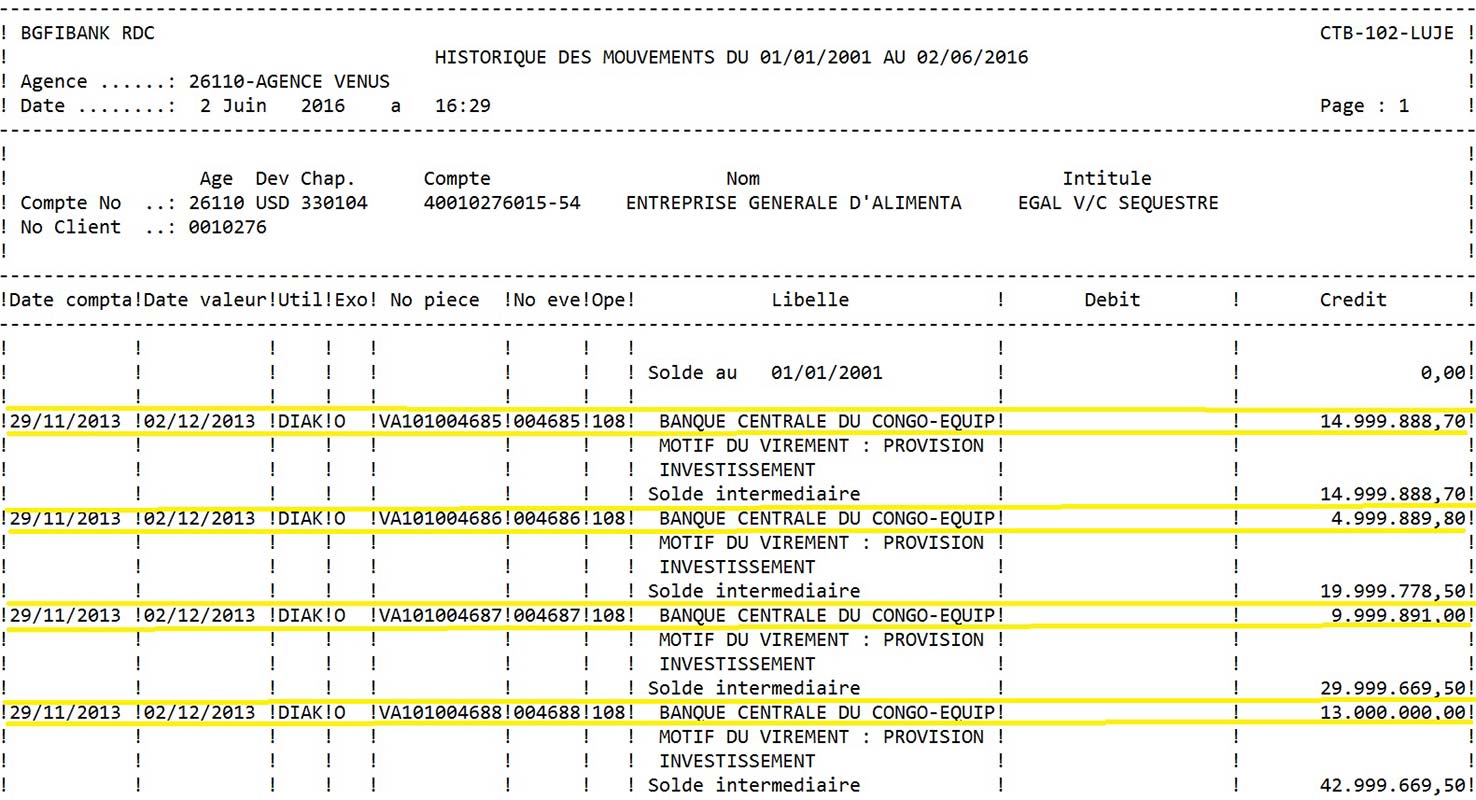 В данных о трансакциях банка BGFI четыре платежа от Центробанка ДРК в адрес компании EGAL выделены желтым цветом (кликните на изображение для просмотра в полном размере).