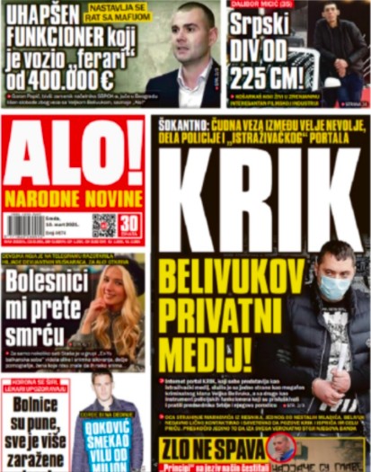 "KRIK - Belivuk's private media," reads the title on a front page of a Serbian tabloid, connecting the outlet to a well-known criminal. Other pro-government outlets reported in a similar manner.  CRD Europe/Twitter