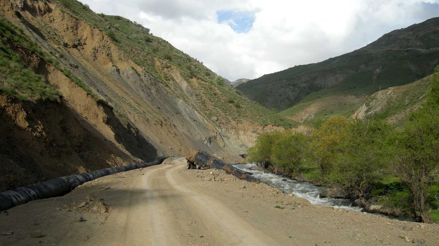 A pipe being installed as construction begins on another hydropower project on the Yeghegis River. In one 47-kilometer stretch, 18 small dams have been built and another six are planned.