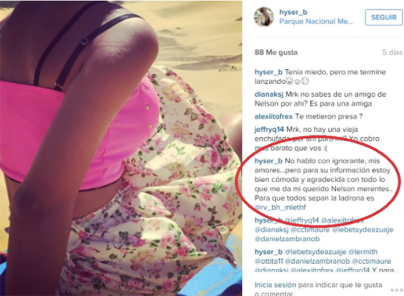 In her Instagram profile, Hyser Betancourt brags that her cousin had stolen money and jewelry from Nelson Merentes. (Photo: Instagram)