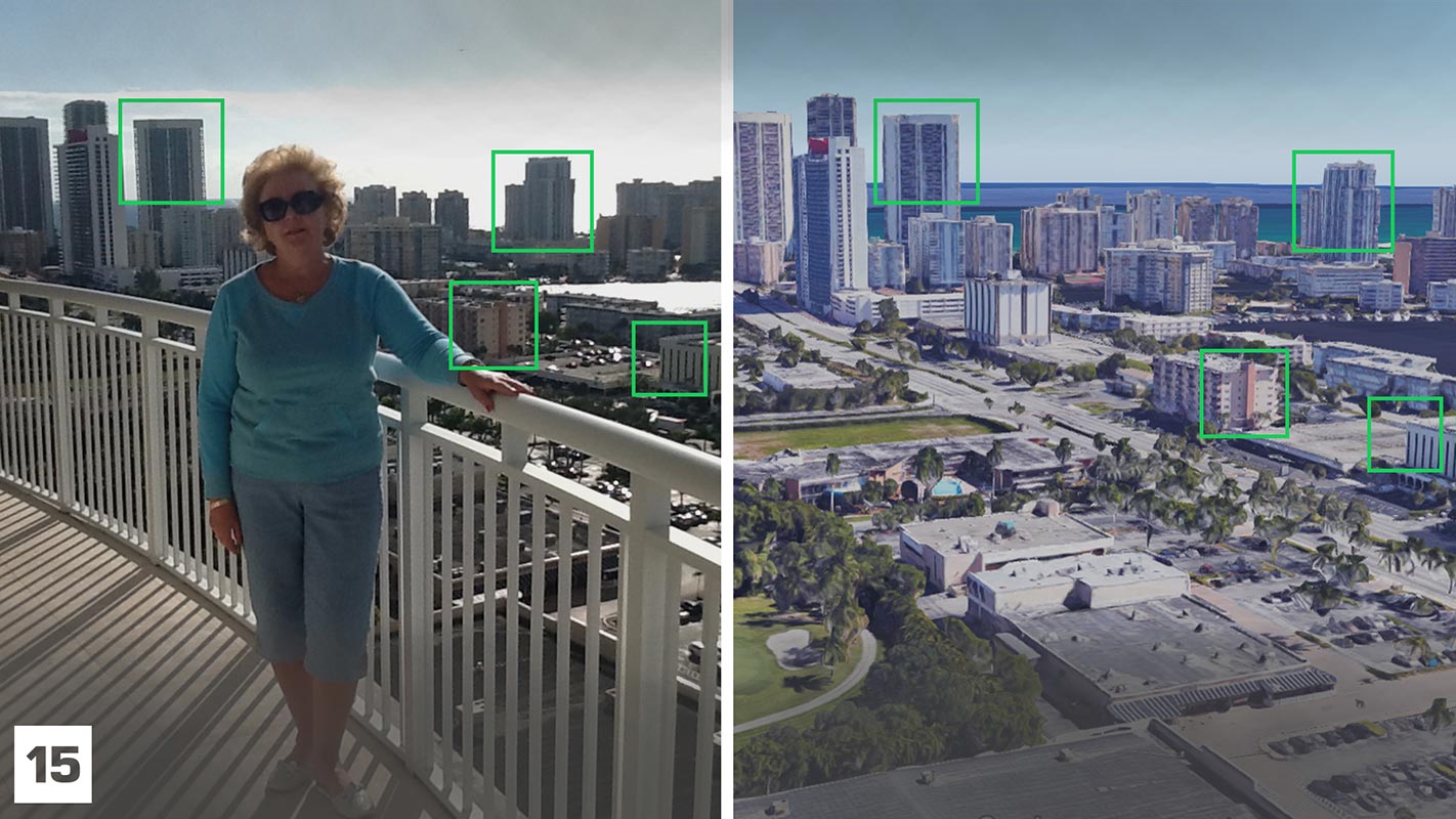 On the left, Kristina Brazauskienė provided this photo of herself, taken in January 2015, for an interview with alfa.lt, a Lithuanian news portal. The reporter had asked for photographs from Florida. She told OCCRP she does not recall where the photo was taken. On the right is the Google 3D view from the rooftop of Duo Hallandale in Hallandale Beach, Florida. The four buildings outlined in green are exact matches with the buildings marked in the same manner in the photo submitted by Brazauskienė to alfa.lt. (Left photo: alfta.lt, courtesy Kristina Brazauskienė. Right photo: Google Maps. Illustration by Šarūnas Černiauskas.)